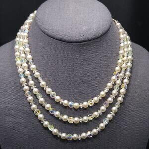 Mid-Century Crystal Faux Pearl Necklace, Three Strands, 1950s Vintage Jewelry